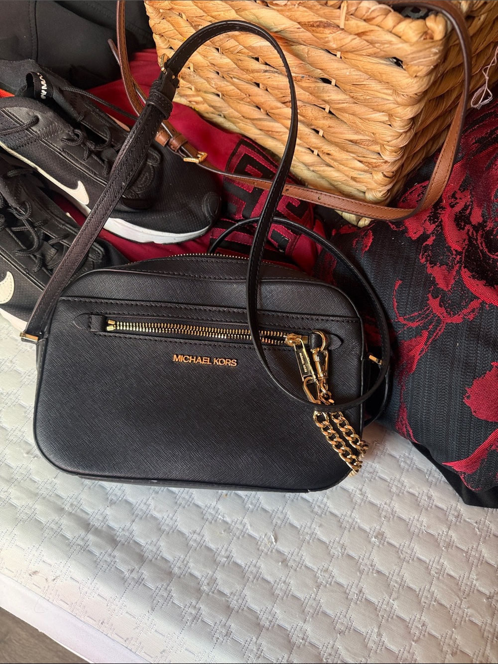 MICHAEL KORS Black Saffiano Leather Crossbody with Gold Hardware